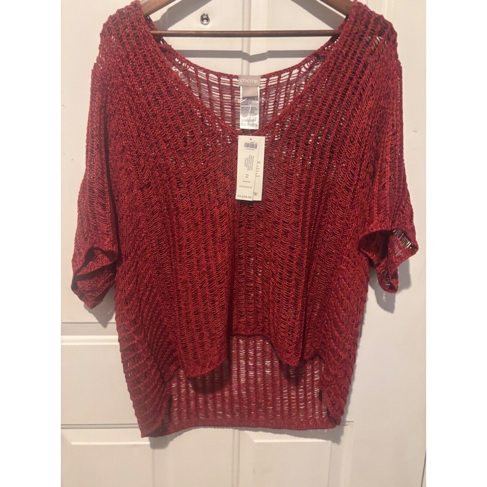 NWT Chicos Sweater Women's Pullover Top Cover Up Crochet Red Short Sleeve V Neck